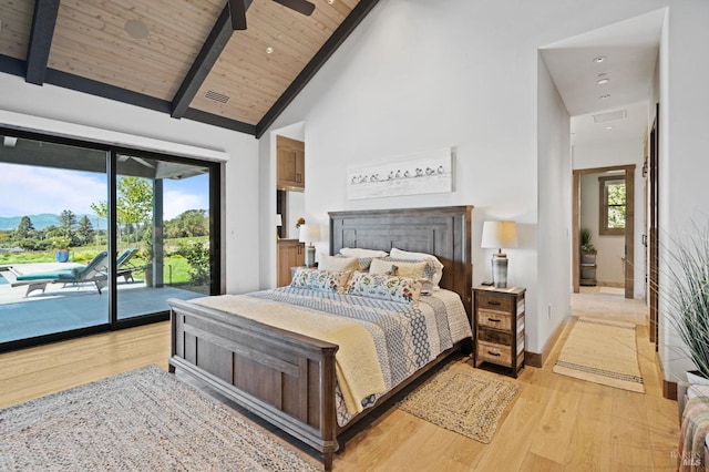 bedroom featuring high vaulted ceiling, beamed ceiling, access to exterior, wood ceiling, and light hardwood / wood-style flooring