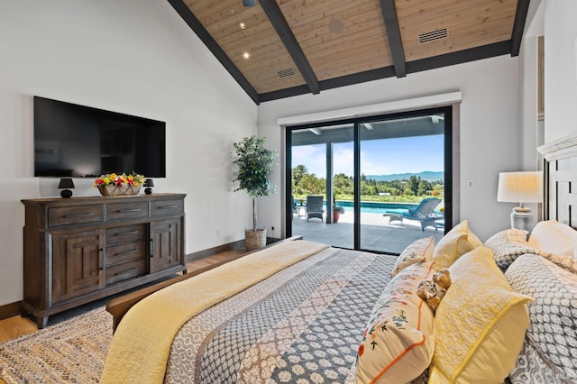 bedroom featuring high vaulted ceiling, beamed ceiling, access to outside, wood ceiling, and light hardwood / wood-style flooring