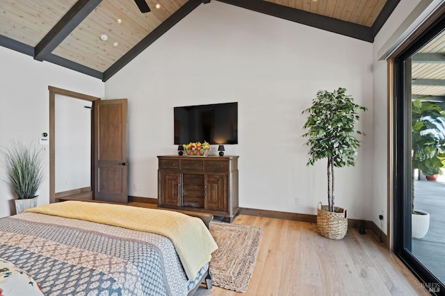 bedroom featuring beam ceiling, access to outside, wooden ceiling, and light hardwood / wood-style floors