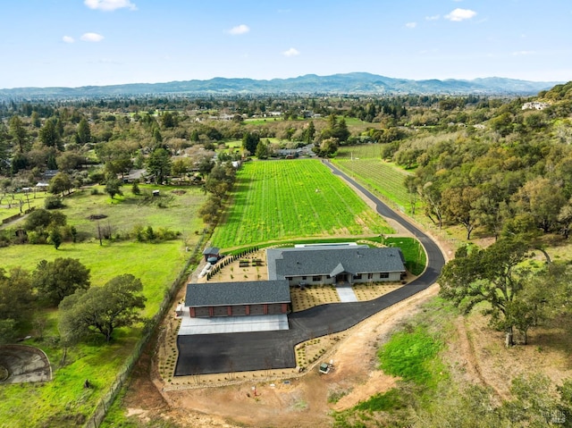 bird's eye view with a mountain view and a rural view