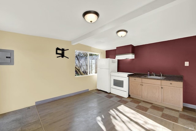 kitchen featuring sink, lofted ceiling with beams, light brown cabinets, electric panel, and white appliances