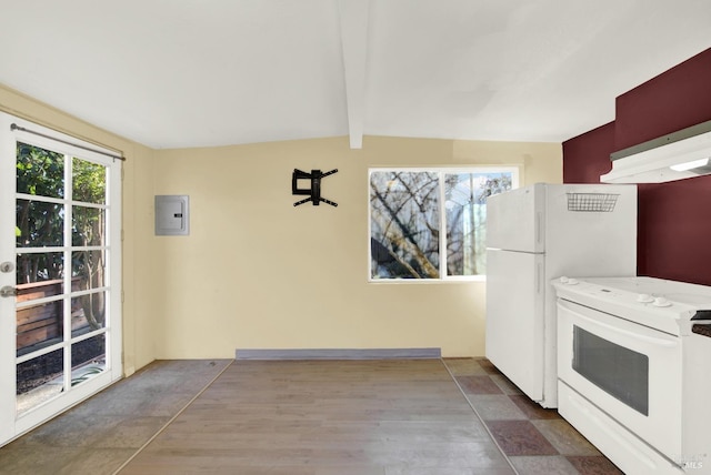 kitchen with beam ceiling, wood-type flooring, electric panel, and white range with electric stovetop