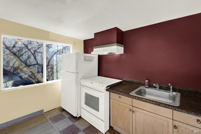 kitchen with sink, light brown cabinets, dark hardwood / wood-style floors, and electric stove