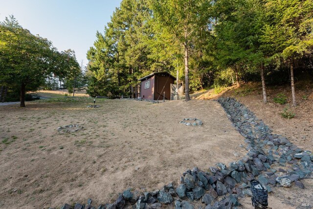 view of yard featuring an outdoor structure and a storage unit