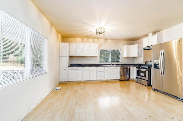 kitchen featuring stainless steel appliances, light hardwood / wood-style floors, and white cabinets