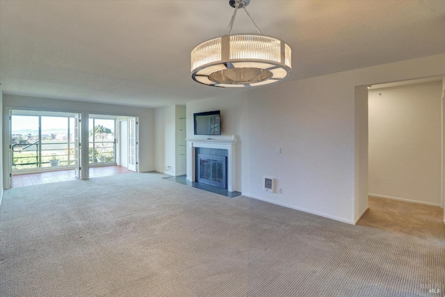 unfurnished living room featuring light colored carpet