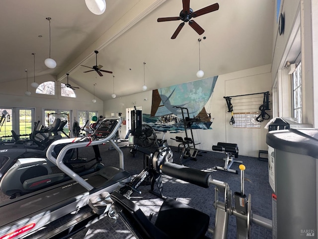 workout area with high vaulted ceiling