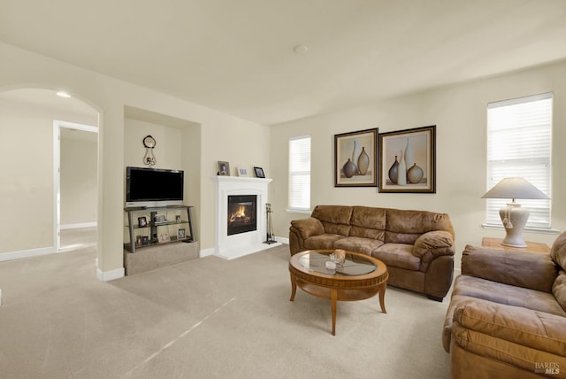 living room featuring light colored carpet