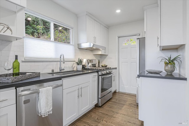 kitchen with under cabinet range hood, a sink, white cabinetry, appliances with stainless steel finishes, and dark countertops