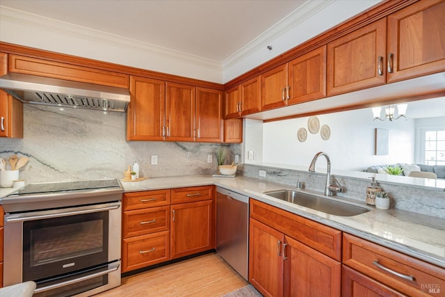 1300 Quarry Ct Unit 213, Richmond, CA 94801 - kitchen with stainless steel appliances, brown cabinetry, a sink, and wall chimney exhaust hood