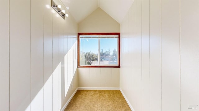 interior space featuring light carpet and vaulted ceiling