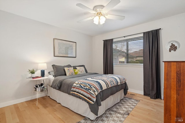 bedroom with ceiling fan and light wood-type flooring