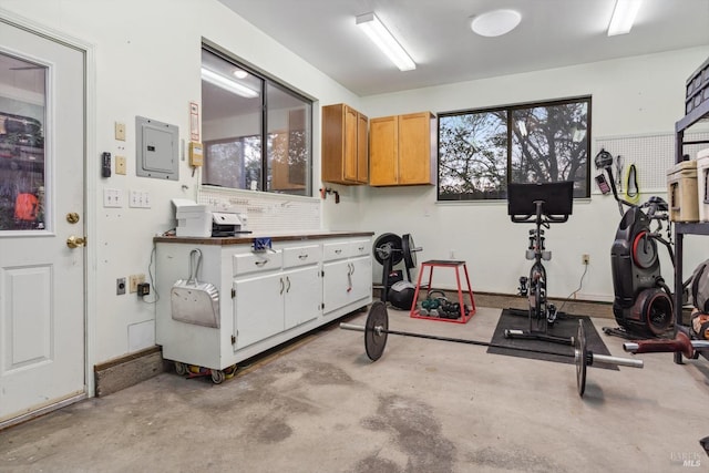 exercise room featuring a healthy amount of sunlight and electric panel