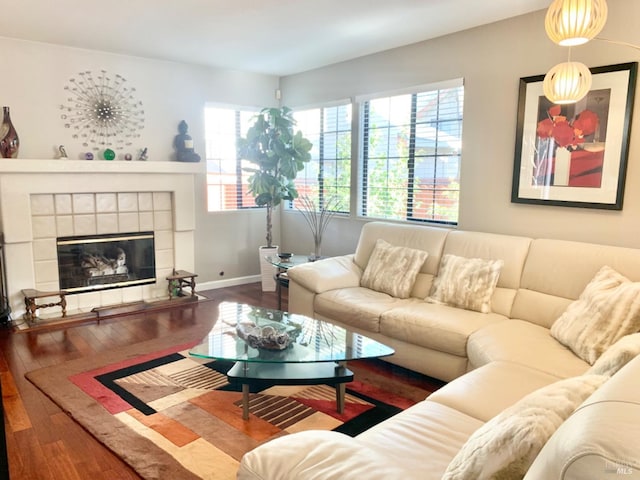 living room featuring wood-type flooring and a fireplace