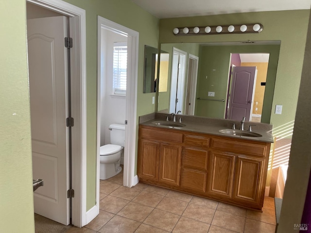 bathroom featuring vanity, toilet, and tile patterned flooring