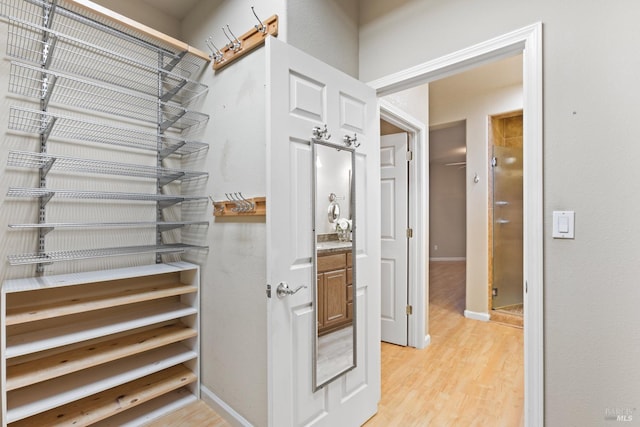 spacious closet featuring light wood-style flooring