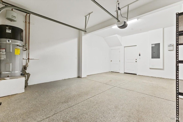 garage with electric panel, water heater, and a garage door opener