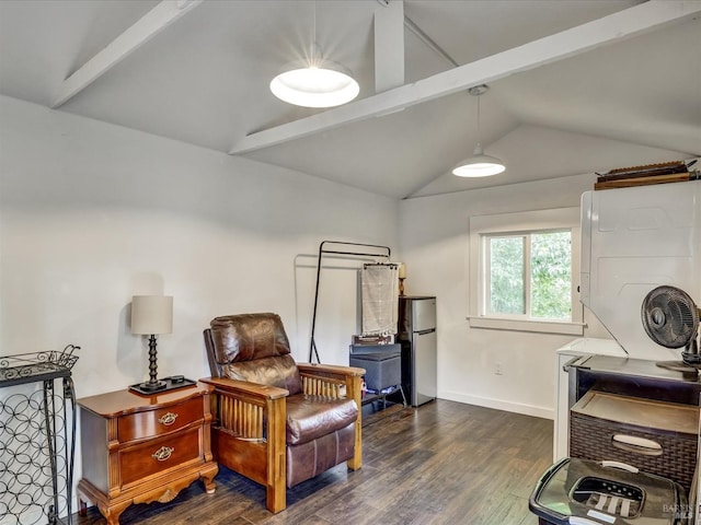 living area with lofted ceiling, baseboards, and dark wood-type flooring