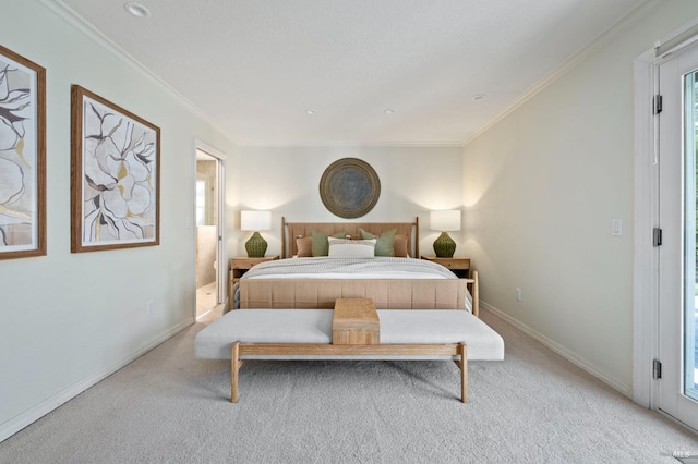 carpeted bedroom featuring crown molding and multiple windows