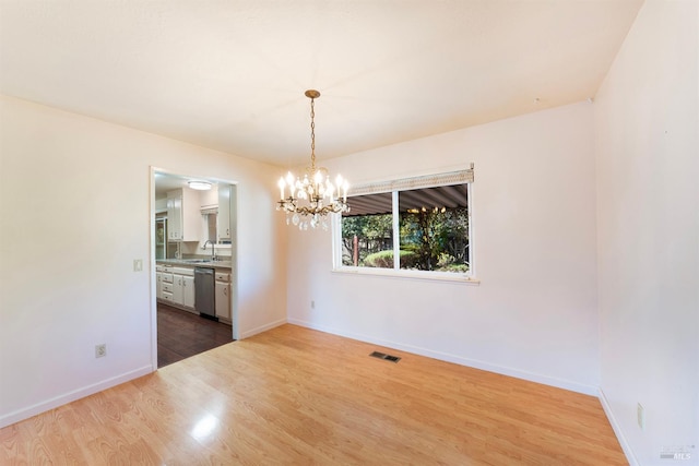 unfurnished dining area with a notable chandelier, hardwood / wood-style flooring, and sink