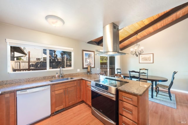 kitchen featuring sink, lofted ceiling with beams, electric range, white dishwasher, and island exhaust hood