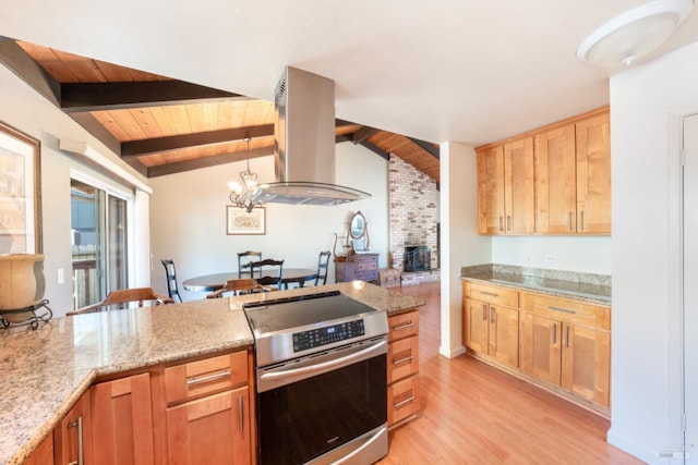 kitchen with lofted ceiling with beams, stainless steel electric stove, island range hood, and wooden ceiling