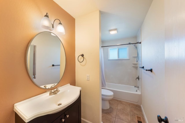 full bathroom with toilet, vanity, shower / bathtub combination with curtain, and tile patterned flooring