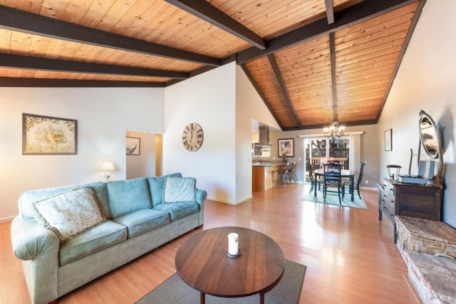 living room with light wood-type flooring, a chandelier, lofted ceiling with beams, and wooden ceiling