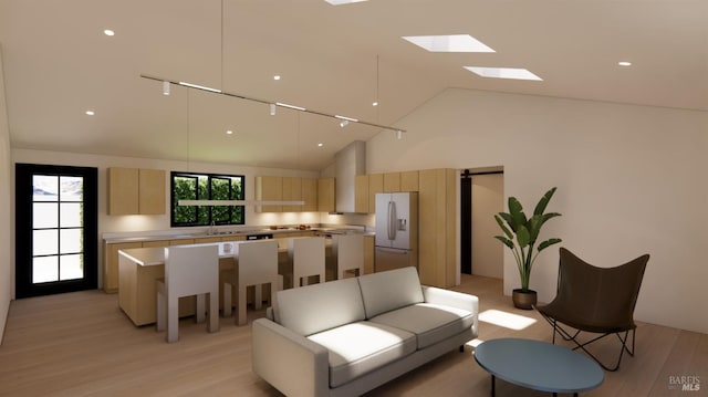 living room with light wood-style flooring and high vaulted ceiling