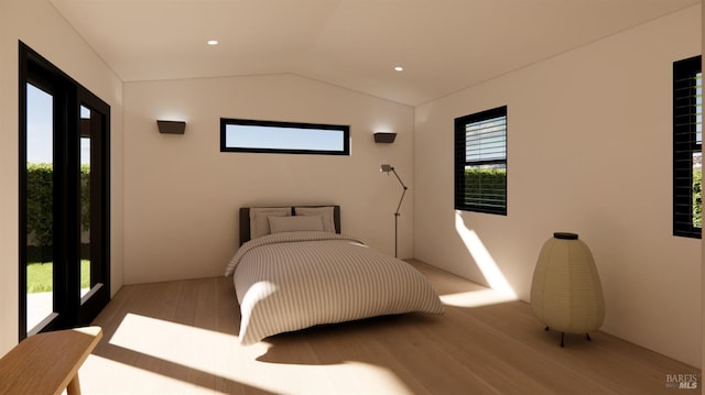 bedroom with recessed lighting, wood finished floors, and vaulted ceiling