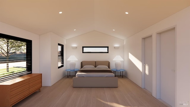 bedroom featuring recessed lighting, light wood-style flooring, and vaulted ceiling