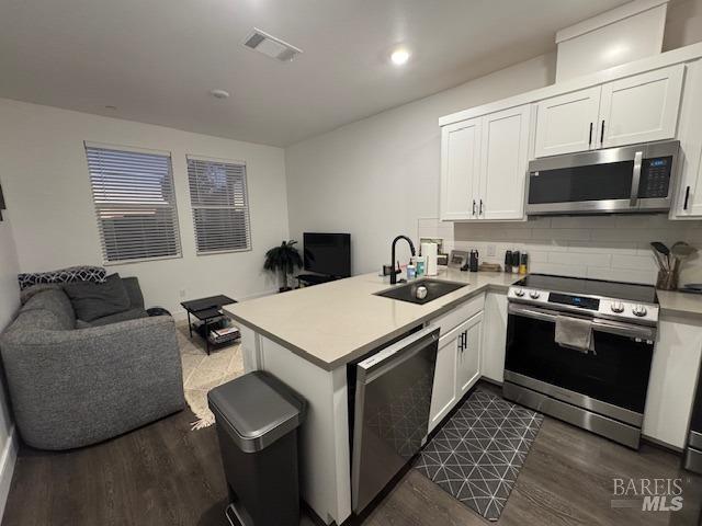 kitchen with white cabinetry, sink, decorative backsplash, kitchen peninsula, and stainless steel appliances