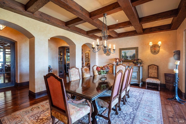 dining area featuring beamed ceiling, coffered ceiling, dark wood-type flooring, and a notable chandelier