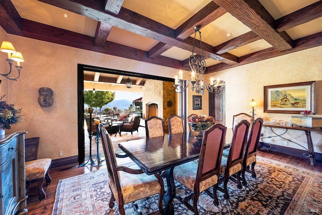 dining room with beam ceiling, dark wood-type flooring, and a chandelier