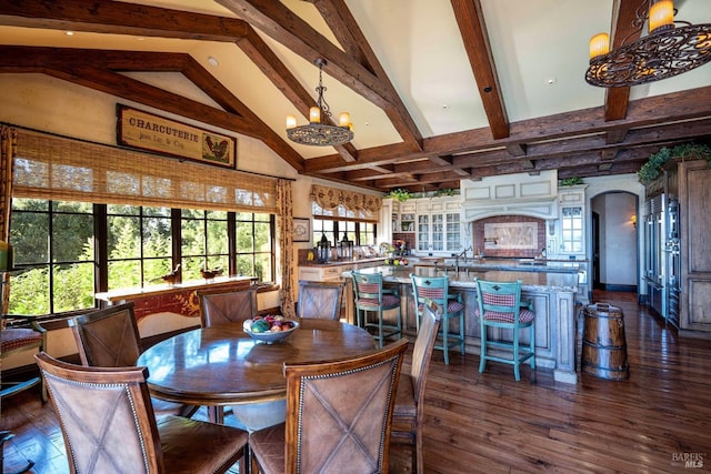 dining room with dark hardwood / wood-style flooring, a notable chandelier, beamed ceiling, and a high ceiling