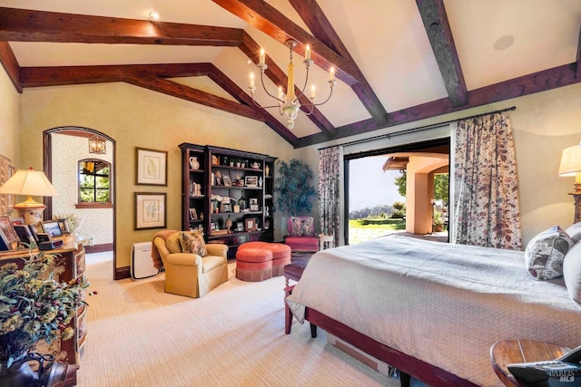 carpeted bedroom featuring beamed ceiling, high vaulted ceiling, and a chandelier