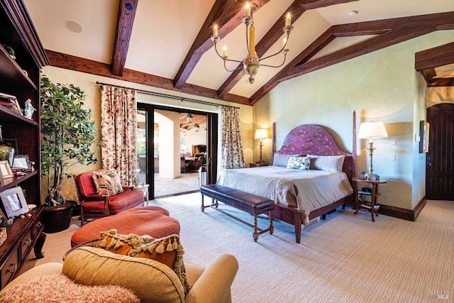 bedroom featuring high vaulted ceiling, beamed ceiling, light colored carpet, access to exterior, and an inviting chandelier