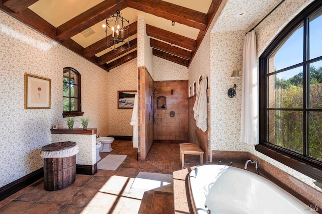 bathroom with toilet, vaulted ceiling with beams, separate shower and tub, a bidet, and a notable chandelier