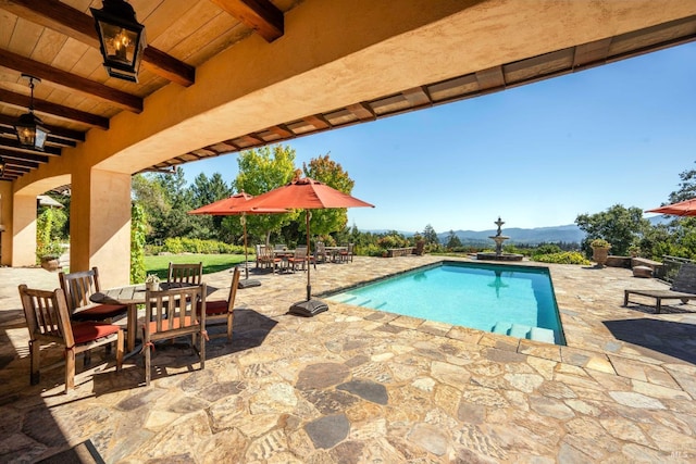 view of swimming pool featuring a patio area