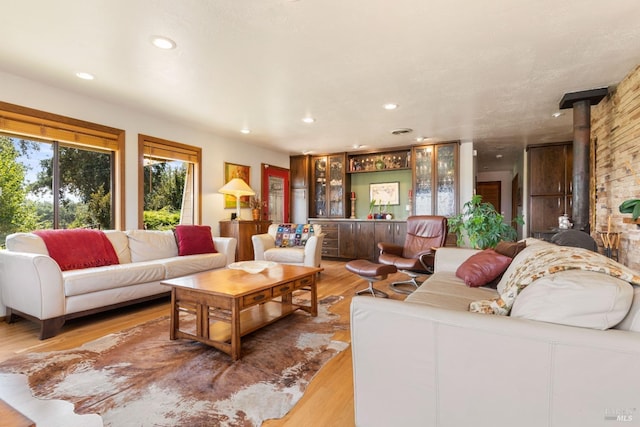 living room featuring light hardwood / wood-style flooring and a wood stove