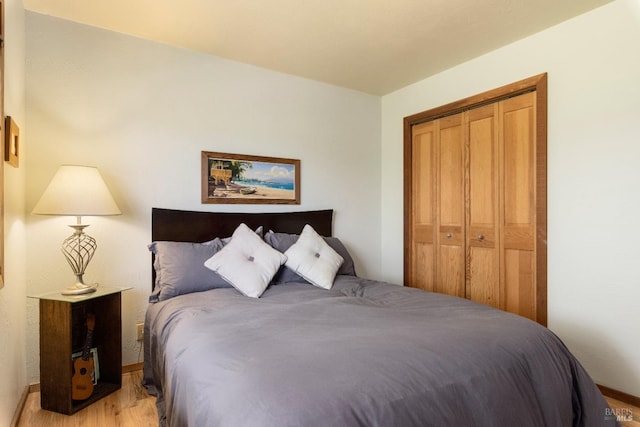 bedroom featuring light hardwood / wood-style floors and a closet