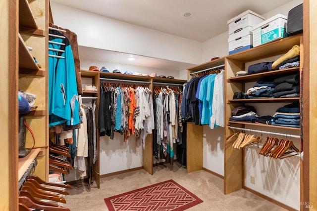 walk in closet with light carpet