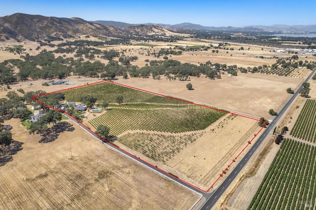 birds eye view of property featuring a mountain view and a rural view