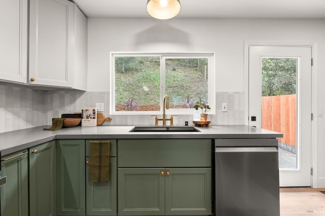 kitchen with sink, dishwasher, green cabinets, decorative backsplash, and white cabinets