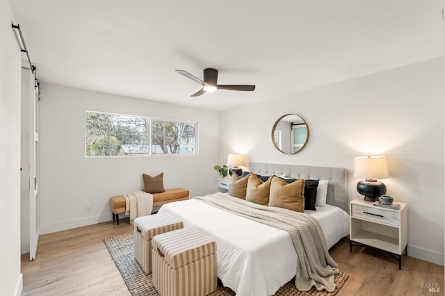 bedroom with ceiling fan and light wood-type flooring