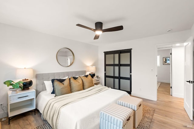 bedroom with ceiling fan and light hardwood / wood-style flooring