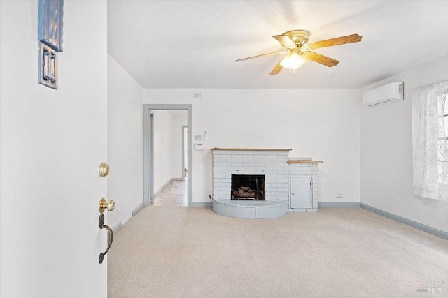 living room with light carpet, a brick fireplace, a wall unit AC, and ceiling fan