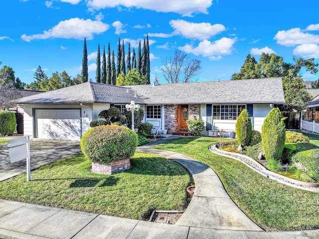 ranch-style house with a garage and a front lawn