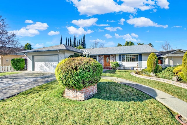 single story home with a garage, concrete driveway, fence, and a front lawn