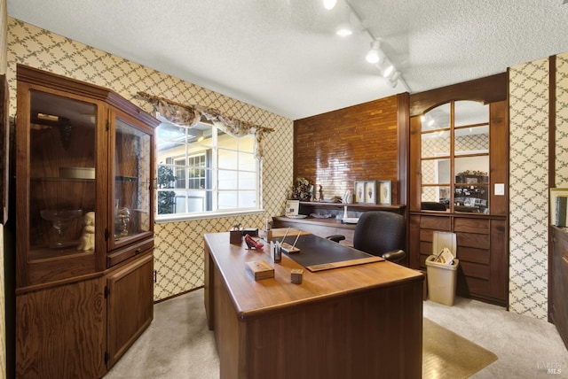 office with a textured ceiling, rail lighting, light colored carpet, and wallpapered walls
